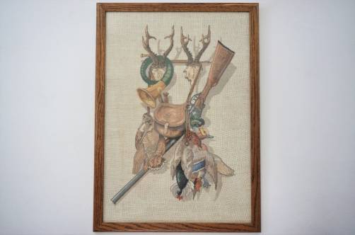 Eva Rosenstand embroidery `Hunting Trophies`, framed, 1950`s, English 